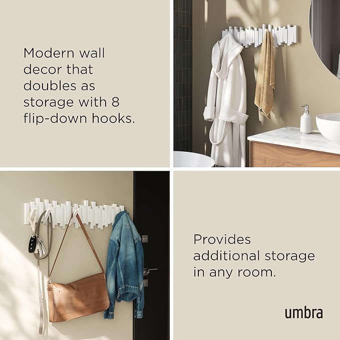 Umbra Sticks Wall Coat Rack, Wall Mount 8 Retractable Hooks, White | Modern sculptural look, holds five pounds each, fits entryways and bedrooms, easy to install, recycled plastic - Image 4