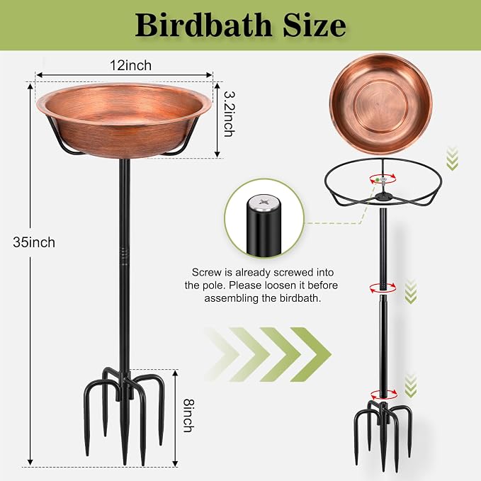 Gtongoko 3.2 Inch Deep Metal Bird Bath for Outside Heavy Duty, 35 Inch Height Bird Feeder Birdbaths for Outdoors, Garden Bird Bath Bowl with 5-prongs Base - Image 3