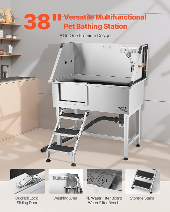 VEVOR 38 Inch Stainless Steel Dog Washing Station, Pet Grooming Tub with Hot & Cold Faucet, Showerhead, Home Wash Sink, Fits Small and Medium Cats and Dogs, Non-Slip Stairs (Left Door) - Image 2