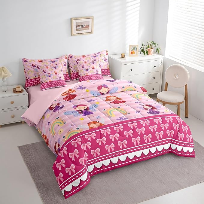 Erosebridal 7 Piece Magical Princess Kids Comforter Set Twin Bed in a Bag,Rainbow Girls Bedding Set for Child,Dreamy Pink Bowknot Sheet Set,Girly Cute Bow Bed Set,Pale Pink Stripes Duvet Insert - Image 3
