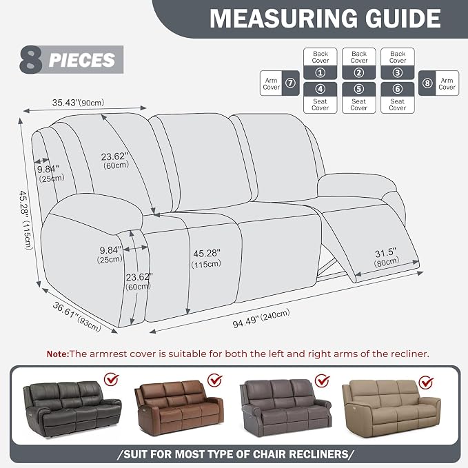 vctops Diamond Recliner Sofa Covers 8-Pieces Stretch Large Couch Covers for 3 Seats Reclining Slipcovers Soft Solid Furniture Protector (Grey,3 Seat) - Image 2