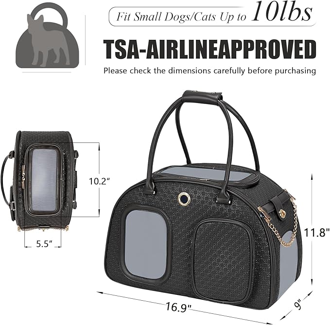 Stylish Luxury Dog Carrier Purse for Small Dogs, Ventilated Pet Soft-Sided Dog Cat Carrier Travel Tote Bag for Puppies Small Animals with Pockets (Black, 16.9inch x 9inch x 11.8inch(LxWxH))