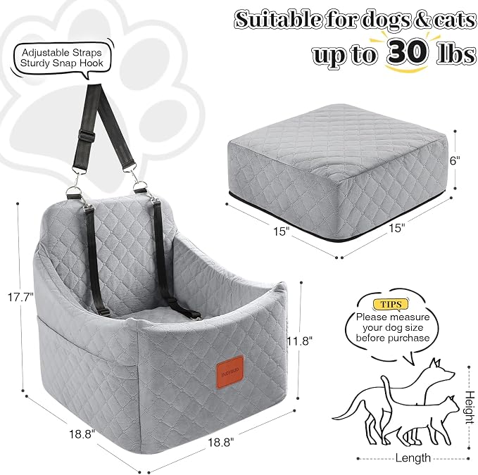 Dog Car Seat for Small/Medium Dogs up to 35 lbs, Memory Foam Pet Booster Seat with Detachable Washable Cover, Portable Pet Bed for Cars with Safety Belts and Storage Pockets(Grey, Medium) - Image 3