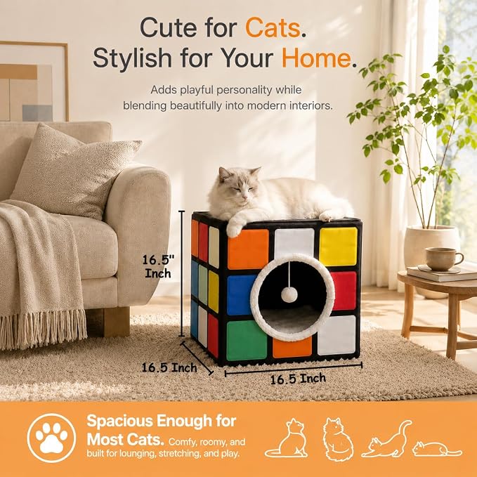 Cat Condo House with Reversible Cushions and Fluffy Ball Hanging, Foldable Magic Cube, Large Cave Bed for Indoor Cats, Unique Puzzle Shape Lagre 16.5“ x 16.5" x 16.5” - Image 6