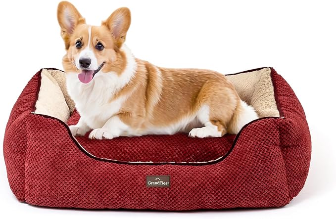 GRANDTIES Fluffy Dog Beds for Small Medium Large Dogs & Cats, Machine Washable Dog Bed, Rectangle Breathable Soft Calming Sleeping Warming Pet Beds with Waterproof & Non-Slip Bottom (M 34", Cherry) by GrandTies