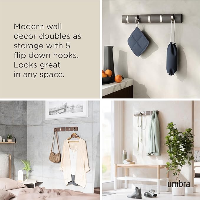 Umbra Flip Coat Rack, Wall Mounted 5-Hook Space Saving, Driftwood/Nickel | Real wood and steel build, retractable hooks fold flat, holds coats bags and scarves, easy install - Image 4