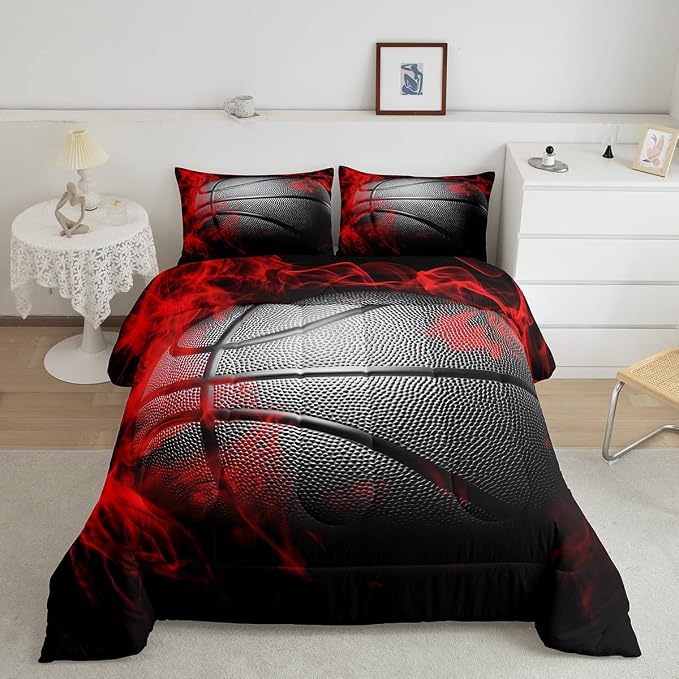 Homewish Basketball Comforter Set King Size Black Basketball Print Bedding Set 3pcs for Kids Boys Girls Teens Adults Gamer Bedroom Decor,Ball Gaming Sports Theme Duvet Insert with 2 Pillowcases - Image 2