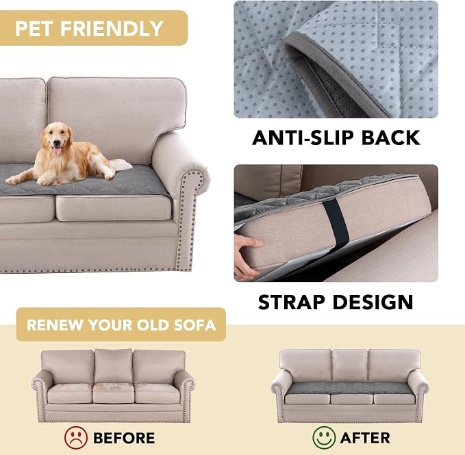 H.VERSAILTEX Couch Cover Chenille Pet Fuzzy Sofa Covers for 3 Cushion Couch Anti Slip Washable Sofa Slipcovers with Strap Soft Couch Protector Cover for Dogs Cats Kids(27.6" x 82", Light Grey) - Image 4