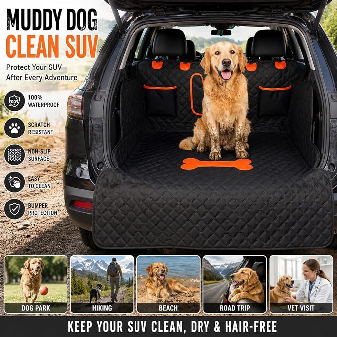 SUV Cargo Liner for Dogs,Waterproof Dog Trunk Cover with Bumper Flap | Material: Waterproof PU Leather | Protection: 12.60" Side Flaps & 17.72" Bumper Flap | Fit: Most SUVs | Non-Slip Design - Image 2