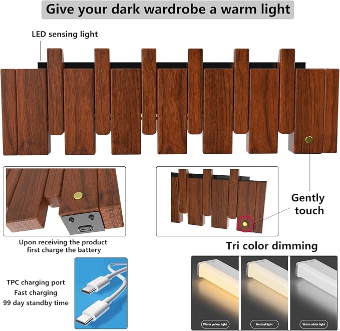 Wall Mounted Coat RackHooks Piano Key Hangers Natural Solid Wood Hanger Non-Woven Fabric Clothes Hangers for Closet, Kitchen, Bedroom, Bathroom, Entryway (Led Walnut, 10 Hooks) - Image 2
