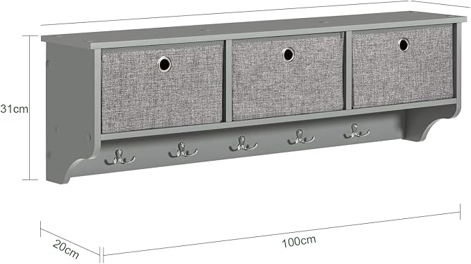 SoBuy Wall Shelf with Hooks, Coat Rack Wall Mount with Shelf Entrywall Storage Cabinet Unit with 3 Baskets 5 Hooks, Grey, FRG282-HG - Image 3