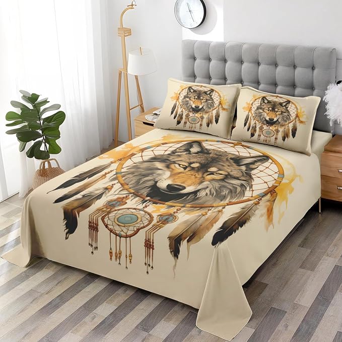 WeCozy Full Size Bed Sheet Sets with Pillowcases, Tribal Wolf 4 Pcs Soft Microfiber Bedding for Kids and Adults, American Boho Feather Dog Flat, Fitted Sheet for Bedroom Bed Decor - Image 4