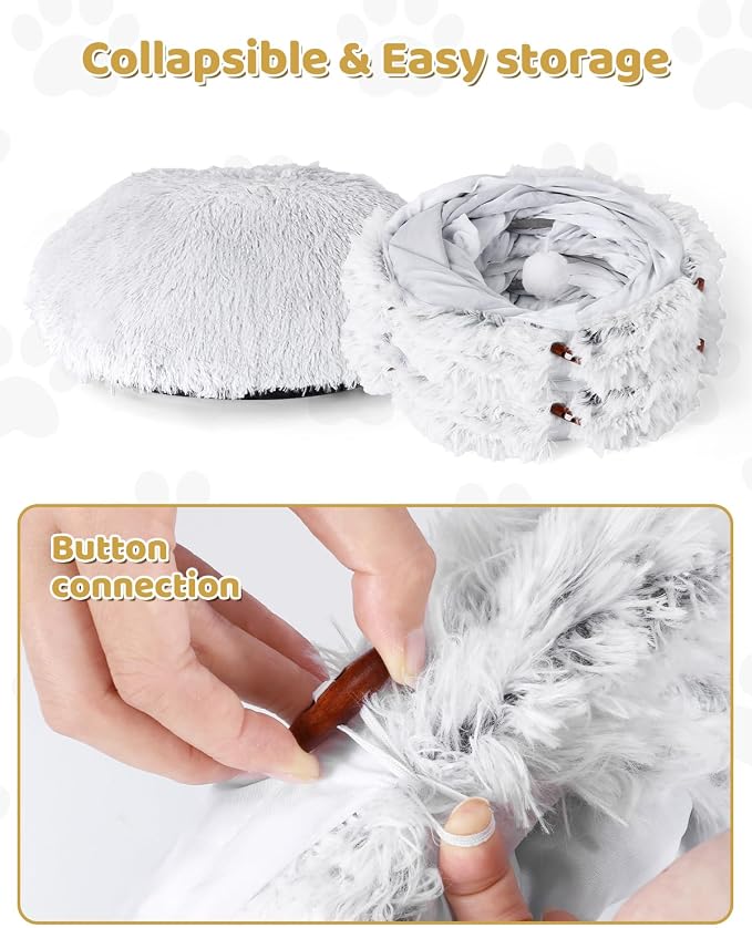 Cat Tunnel Bed with 20 Pcs Interactive Toys, 3-in-1 DIY Collapsible Plush Cat Tube with Washable Mat, Large Indoor Play Tunnel Cave for Kittens and Small Animals - Image 6