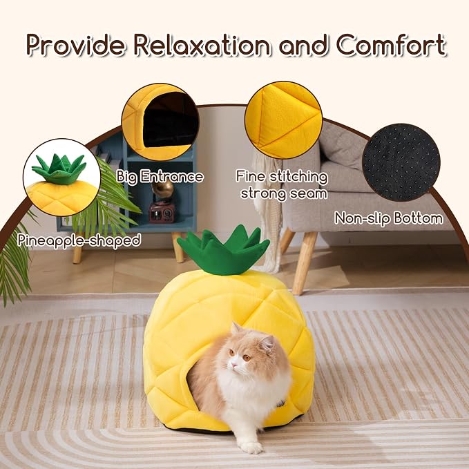 Hollypet Cat Bed Cave for Indoor Cats for Pets up to 15 lbs, Pineapple | Warm Cat Bed Cats Cave Condo, Covered Kitty House with Removable Washable Cushion, Cozy Enclosed Pet Bed for Small Dogs - Image 5