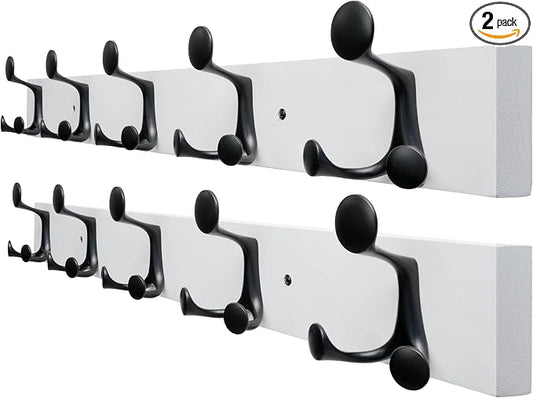 SKOLOO 24-Inch White Wood Coat Rack Wall Mount with 5 Triple Hooks - Ideal for Family Entrances, Classrooms, and Pet Supplies Storage - Perfect Coat Hooks for Wall, Pack of 2 by SKOLOO