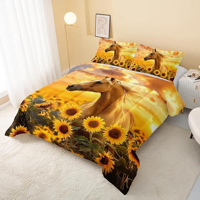 QOOMO Horse Comforter Full Size,Sunflower Horse Comforter Set for Kids Teens Girls Boys,3Pcs Bedding Set Printed Comforter with 2 Pillowcases,Soft and Lightweight，Full Size - Image 3