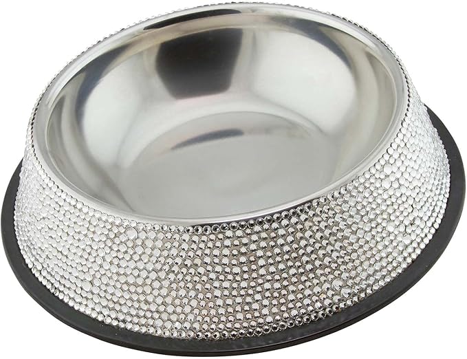 Strass Pet Bowl, Sparkling Rhinestones on Stainless Steel, Non-Slip Base, for Cats, Dogs, Other Pets, Food and Water, Silver, Large, Sold Individually - Image 3