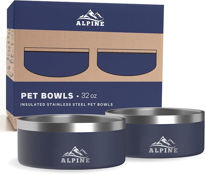ALPINE Set of 2 Stainless Steel Dog Bowls, Non Slip, Metal Pet Bowl for Food and Water, Double Walled Insulated, Rustproof, Dishwasher Safe (32 oz, Navy) by Unknown