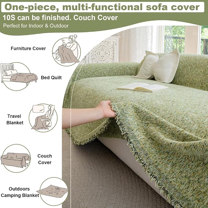 ROOMLIFE Green Sofa Cover, Vintage Boho Couch Cover for 3 Cushion Sofa, Soft Chenille Sofa Cover for Dog, Washable Furniture Sofa Protector Cover Blanket with Tassel for Living Room, 71 '' X 118'' - Image 6
