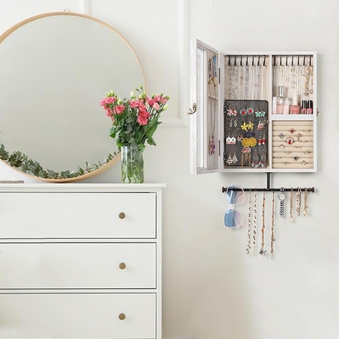 Keebofly Wall Mounted Rustic Wood Jewelry Organizer Cabinet - White | Large Hanging Holder Display for Necklaces, Earrings & Bracelets, Space Saving Ring Storage, Great Gift for Women - Image 3