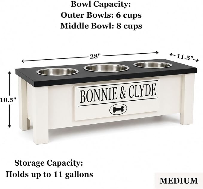 3 Bowl Dog Feeding Station, Personalized Triple Bowl Food Stand Medium Dogs | Farmhouse Style, Elevated Wood Stand, Storage Container, Stainless Steel Bowls, Raised Anti-Slip Feeder, Made in USA - Image 4