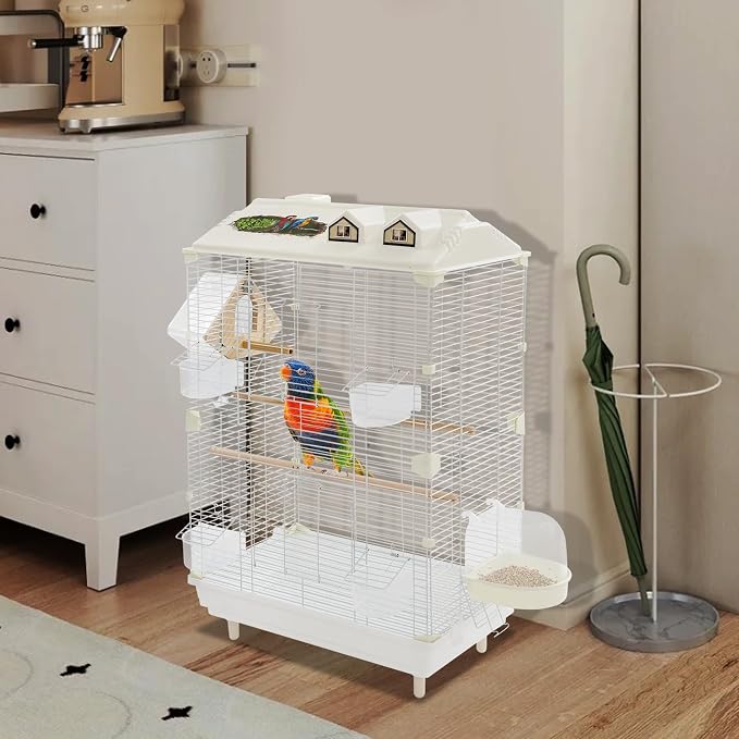 2-Door Wrought Iron Bird Cage Parakeet Cage with Roof, Parrot Cage Pet Birds Flight Cage, Interactive Birdcages Bird House Travel Cages for 4-6 Small Birds (30" H, Iron Mesh w/Roof-B) - Image 4