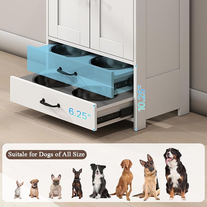 Rovibek Dog Feeding Station with Storage Cabinet - Elevated Dog Bowls with Storage Drawers, Pet Storage Cabinet with Leash Hooks, Pet Organizers for Food & Supplies - Image 4