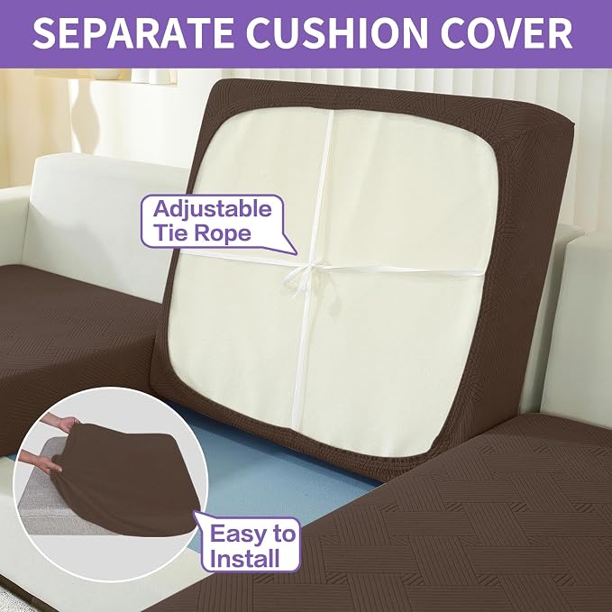 ZNSAYOTX 3 Piece Stretch Sofa Covers (71"-91") for 2 XL Cushion Couch, Thick Striped Sofa Cover with Elastic Band Bottom Ties Non-Slip Stay in Place, Soft Durable Couch Slipcovers, Coffee - Image 4