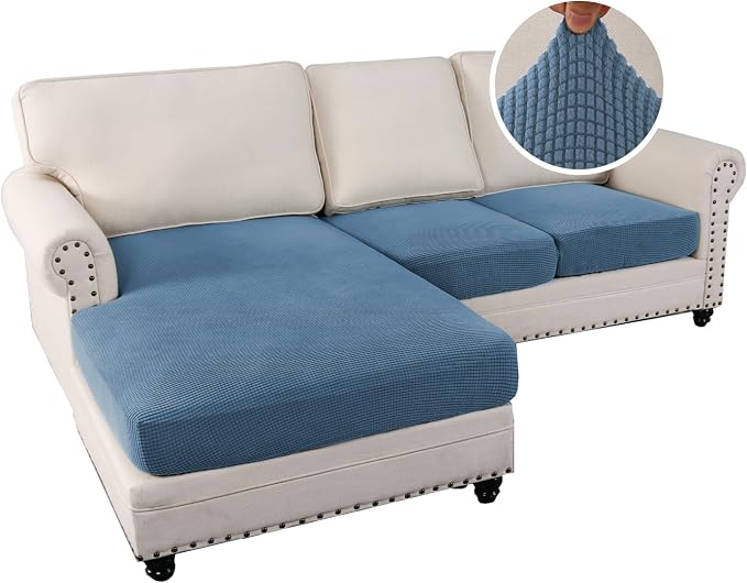H.VERSAILTEX Sectional Couch Covers 3 Pieces Sofa Seat Cushion Covers L Shape Separate Cushion Couch Chaise Cover for Both Left/Right Sectional Couch (Seat Only: 1 Chaise + 2 Sofa, Dusty Blue) - Image 2