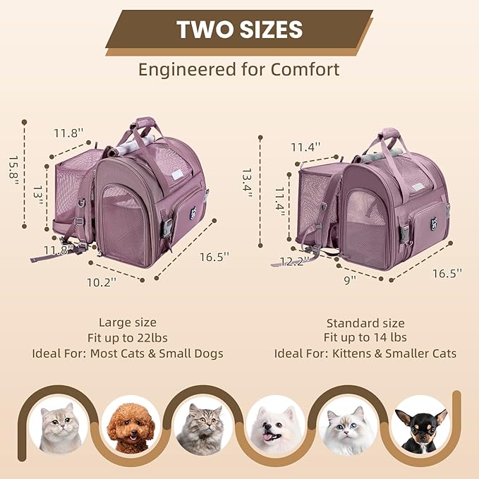 Lollimeow Expandable Cat Carrier Backpack for Large Cats - Airline Approved Pet Carrier Backpack for Small Dogs, Hiking & Travel, Waterproof with Breathable Mesh, 14lbs Capacity (Plum, Standard)
