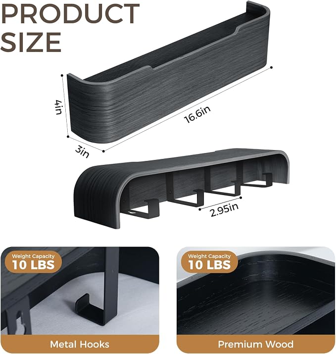 Coat Rack Wall Mount with Shelf Entryway Shelf Modern Key Holder Hanger Wall Shelves with Hidden Hooks for Hanging Towels Coats Hats Bags for Hallway Bathroom Bedroom(Black, 4 Hooks) - Image 2