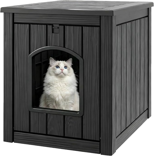 Cat Litter Box Enclosure, Plastic Hidden Litter Box Side Table with Openable Front Door, Cat Box Enclosure Cabinet for Indoor & Outdoor Use, Weatherproof, Easy to Clean & Assemble, Black by KFY
