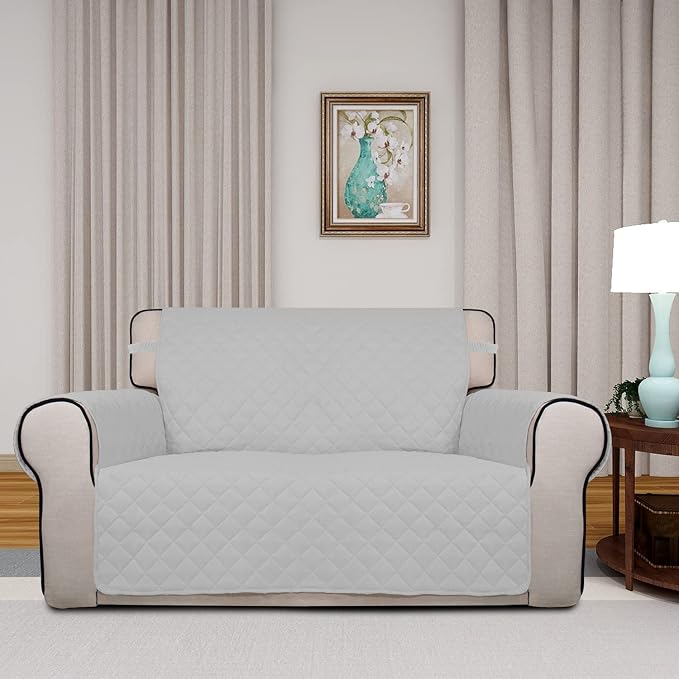 PureFit Reversible Quilted Couch Covers for Dogs Loveseat Sofa Cover 46.5” | Light Gray/Ivory, Water Resistant Couch Protector, Washable Pet Couch Cover with Non Slip and Elastic Straps For Kids - Image 2
