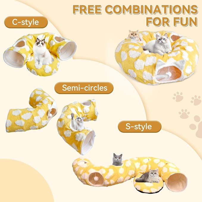 Donut Cat Tunnel Bed with 4 Peekaboo Holes, Multi-Cat Play Tube & Cozy Cave, Plush Indoor Kitten Toy Tent, Machine Washable and Collapsible - Image 2