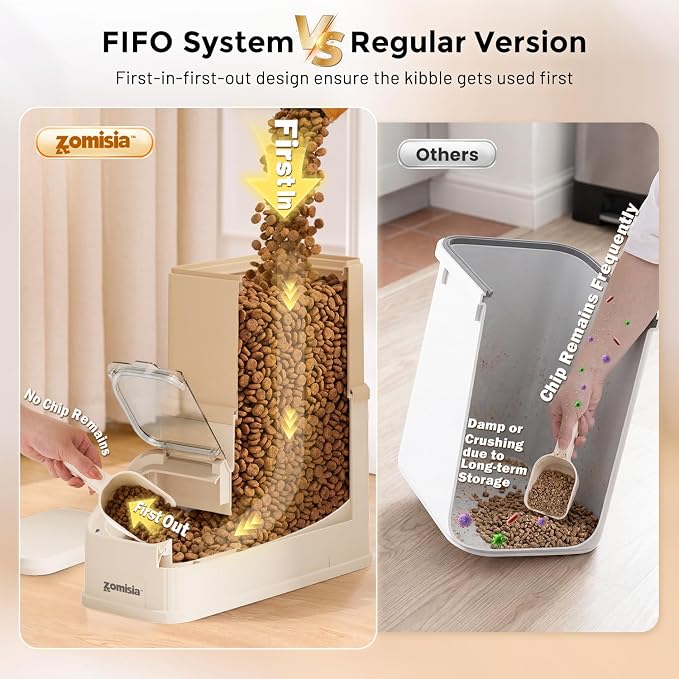 ZOMISIA 15lbs First-in, First-out Dog Food Storage Container | FIFO System Easy Dispense Base for Freshness, Cat Food Storage Containers with Transparent Lid and Scoop - Image 3