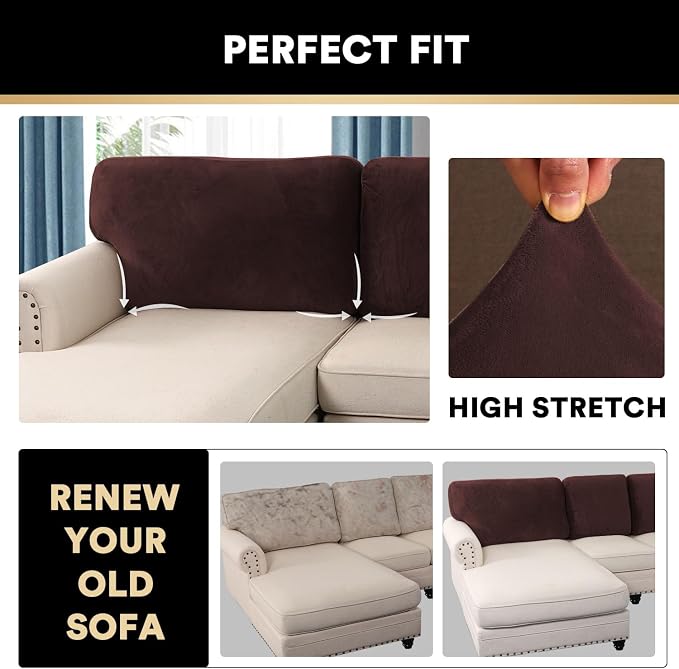 PrinceDeco Sectional Couch Covers Velvet Cushion Covers for Sectional Couch Cushion Covers for Sectional Sofa Separate Sectional Sofa Slipcovers Washable(1 Chaise Back+ 2 Sofa Back,Brown) - Image 5