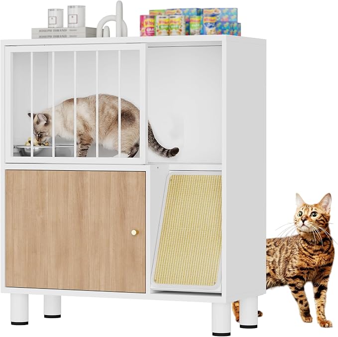 Metal Cat Feeding Station, Dog Proof Cat Feeding Station, Pet Food Storage | Cat Food Table, Raised Bowls for Indoor Cats, Elevated Food Bowls with Stand, Cat House with Scratching Board, Metal White by VKTO