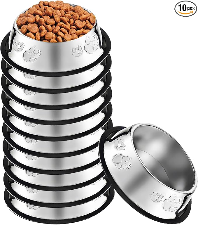 10 Pcs Stainless Steel Dog Bowl Pet Feeding Bowl with Rubber Base Non-Slip Pet Dishes Metal Dog Bowls Pet Food and Water Bowls for Small Medium Animals Kitten Rabbit (7 oz) by OLUTACOT