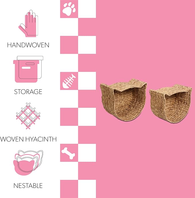 BSK4001A-2SET Feliz Cat-Shaped Hand Woven Water Hyacinth Nesting Pet Toy Organizer Baskets, Cay Storage Box for Living Room, Natural (Set of 2) - Image 3