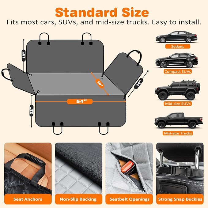 URPOWER Dog Car Seat Cover for Back Seat, Waterproof Hammock for Car & SUV | 600D Oxford, Side Flaps with Zippers, Scratch Resistant, Non-Slip, Easy Install, Machine Washable, Dog Seat Belt Included - Image 5