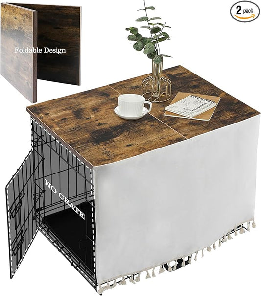 VIE DE AMAN Dog Crate Topper Wood for 24 30 36 42 48 inch Cages, Table Foldable Dog Kennel Topper with Tassel Curtain, Rustic Style Top Rustic Brown(Dog Crate Not Include) by VIE+DE+AMAN