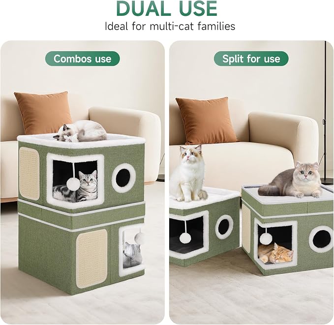 Shikha 2 Story Cat House beds for Indoor Cats with Scratch Pads Green | 2 in 1 Dual Use Double Cat Bed Cave for Multiple Pets Kitten, Elevated Perch for a Wide View, All Season Reversible Cushion - Image 2