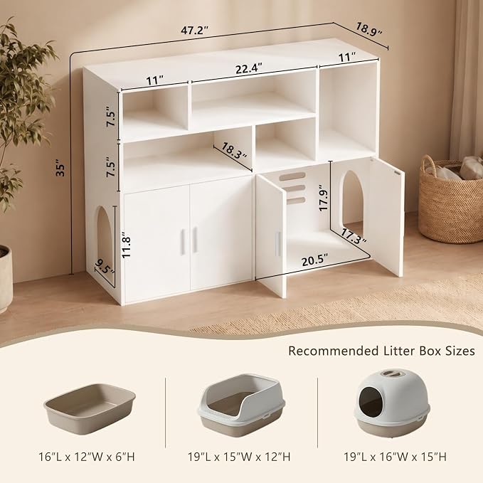Amunrbrek Double Litter Box Enclosure, Hidden Cabinet with Storage, White | Pass-Through Design Makes Cats Feel Safe - Image 6