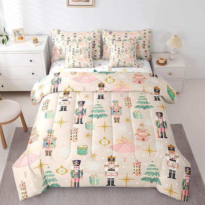 Erosebridal 7Pcs Beige Christmas Comforter Set Full Size,Princess Nutcracker Bedding Set,Xmas Tree Snow Bed in A Bag for Kids Boys Girls,Starry Sky Christmas Decoration Quilt with Flat Fitted Sheet by Erosebridal