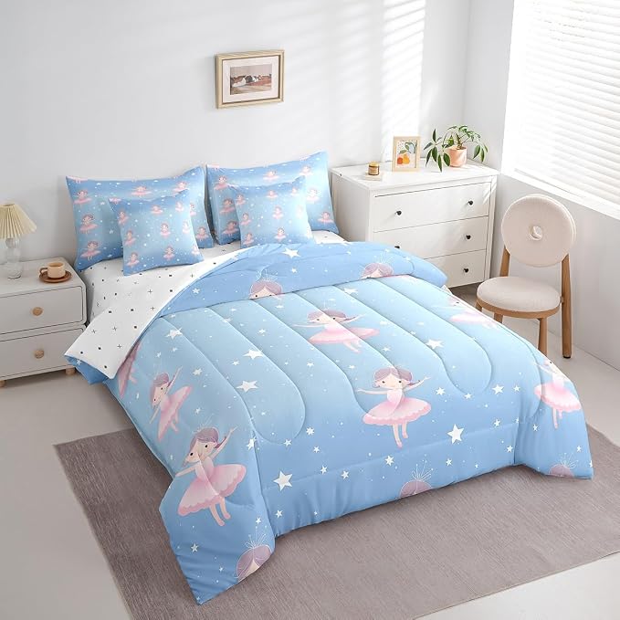 Feelyou Ballet Girls 7 Piece Bedding Set Twin Size - Cute Comforter Set With Sheets for Kids, Teens, Toddler - Dancing Girl Bed in a Bag With Star Pattern - Image 2