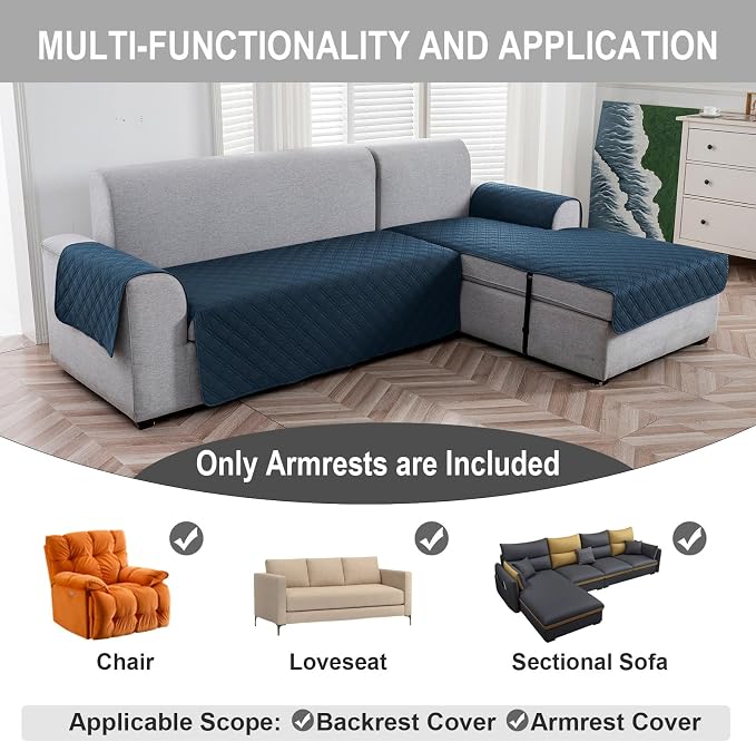 Genina Sofa Armrest Cover, Anti-Slip Armchair Slipcovers for Dogs Cats Pet, Water Resistant Couch Arm Cover for Backrest Recliner Loveseat, L Shaped Sofa, 23.6 x 27.5 Inches（2 Pieces） - Image 2