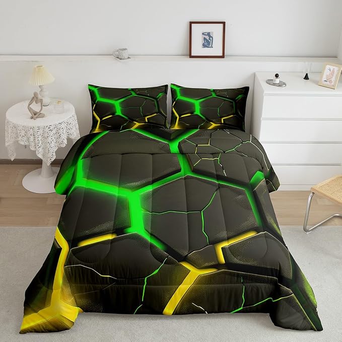Geometric Honeycomb Comforter Set Twin Size,Abstract Hexagon Patchwork Fashion Bedding Set for Boys Girls Men Room Decor,Yellow Green Neon Modern Down Comforter,Unique Duvet Insert,1 Pillowcase - Image 4