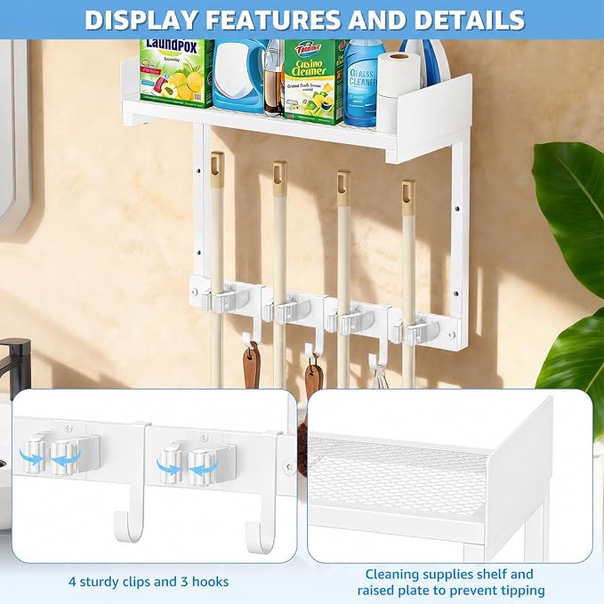 Mop Broom Holder Wall Mount with Top Shelf, Broom Organizer Wall Mount | 15inch,Mop Broom Wall Hanging Heavy Duty Tools Storage Rack Space-Saving for Garage,Kitchen,Laundry Room - Image 4