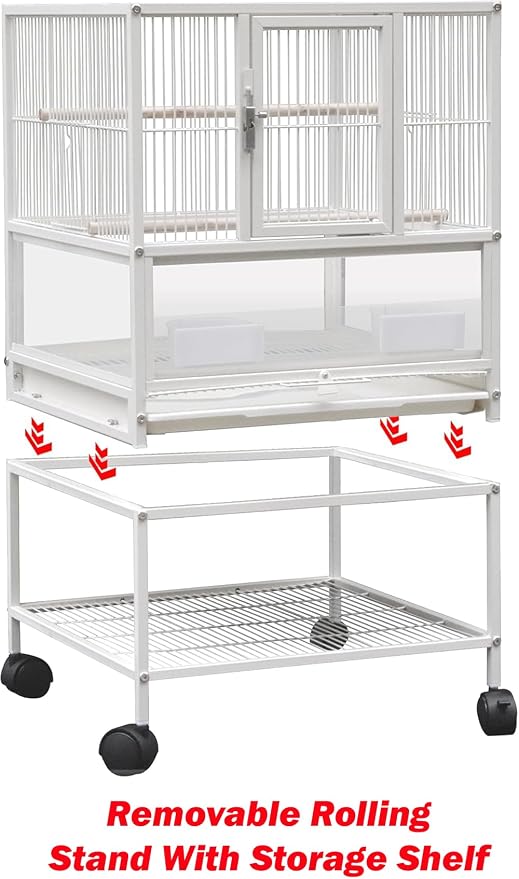 Deluxe Durable Wrought Iron Bird Parrot Flight Cage Sturdy Front Door Side Nesting Doors Acrylic Clear Bottom Prevent Food Spillage Removable Rolling Stand Lockable Wheels - Image 9