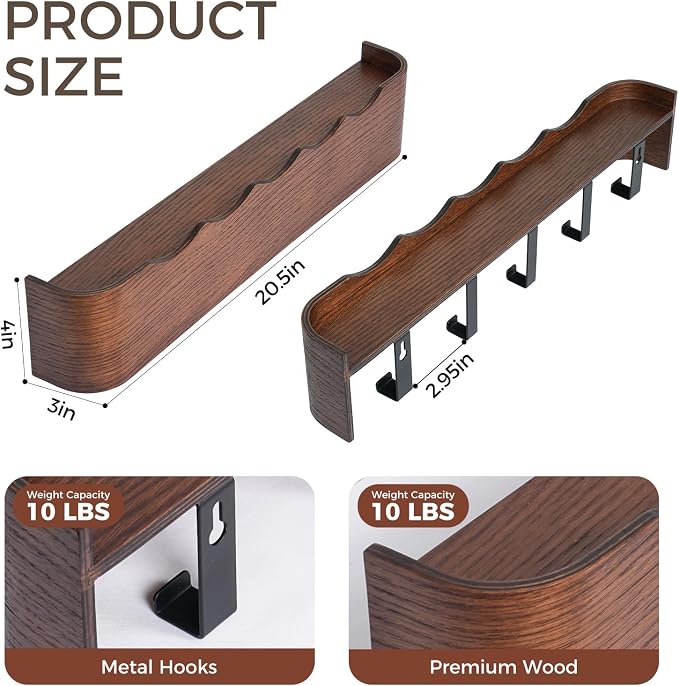Coat Rack Wall Mount with Shelf Entryway Shelf Modern Key Holder Hanger Wall Shelves with Hidden Hooks for Hanging Towels Coats Hats Bags for Hallway Bathroom Bedroom(Wavy Walnut Color, 5 Hooks) - Image 2